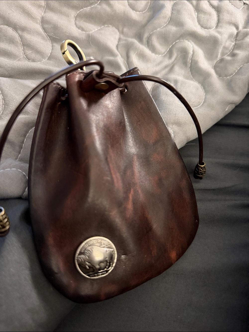 Brown Leather Drawstring Pouch Wallet